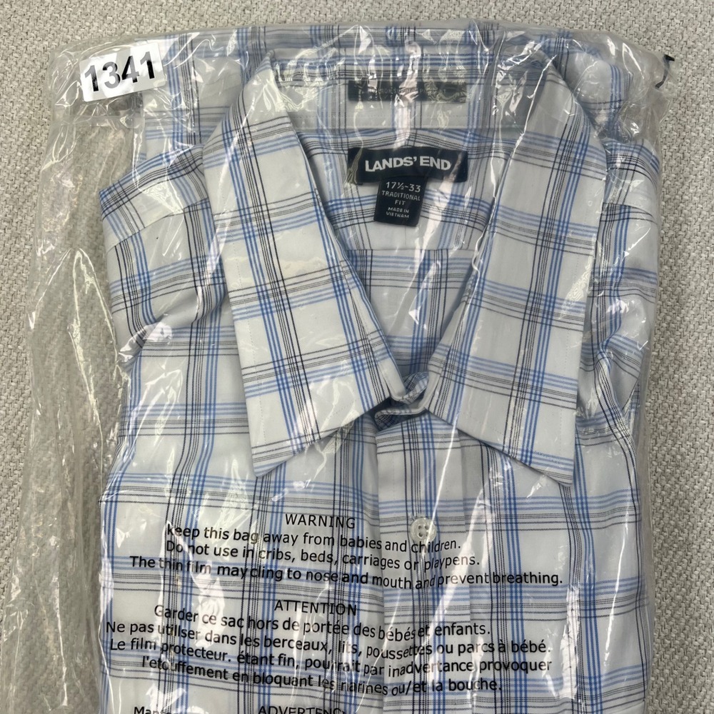 Lands' End Mens Blue Plaid Supima Cotton No Iron Dress Shirt 17.5-33 Traditional - Picture 12 of 12